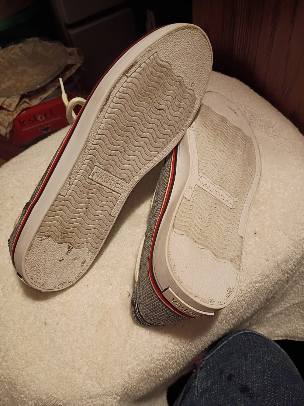Nautica Gray Canvas Slip-On Boat Shoes with Cream Laces and Red Accent